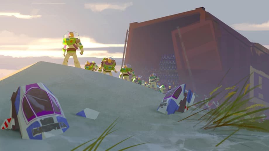 Official concept art of Tim Allen as Buzz Lightyear leading several other Buzz toys out of a wrecked shipping container in Toy Story 5
